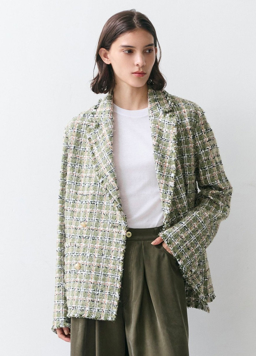 釦飾寬版花呢西裝外套